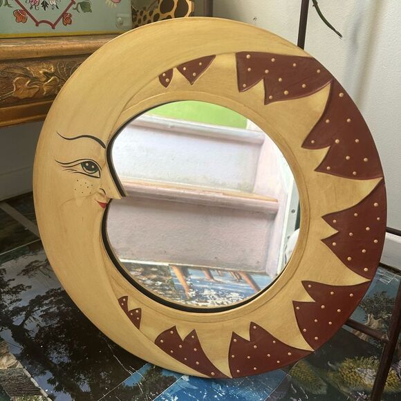 Vintage Whimsical Celestial Sun Moon Crescent Face Wall Mirror 15.5" - Picture 1 of 16